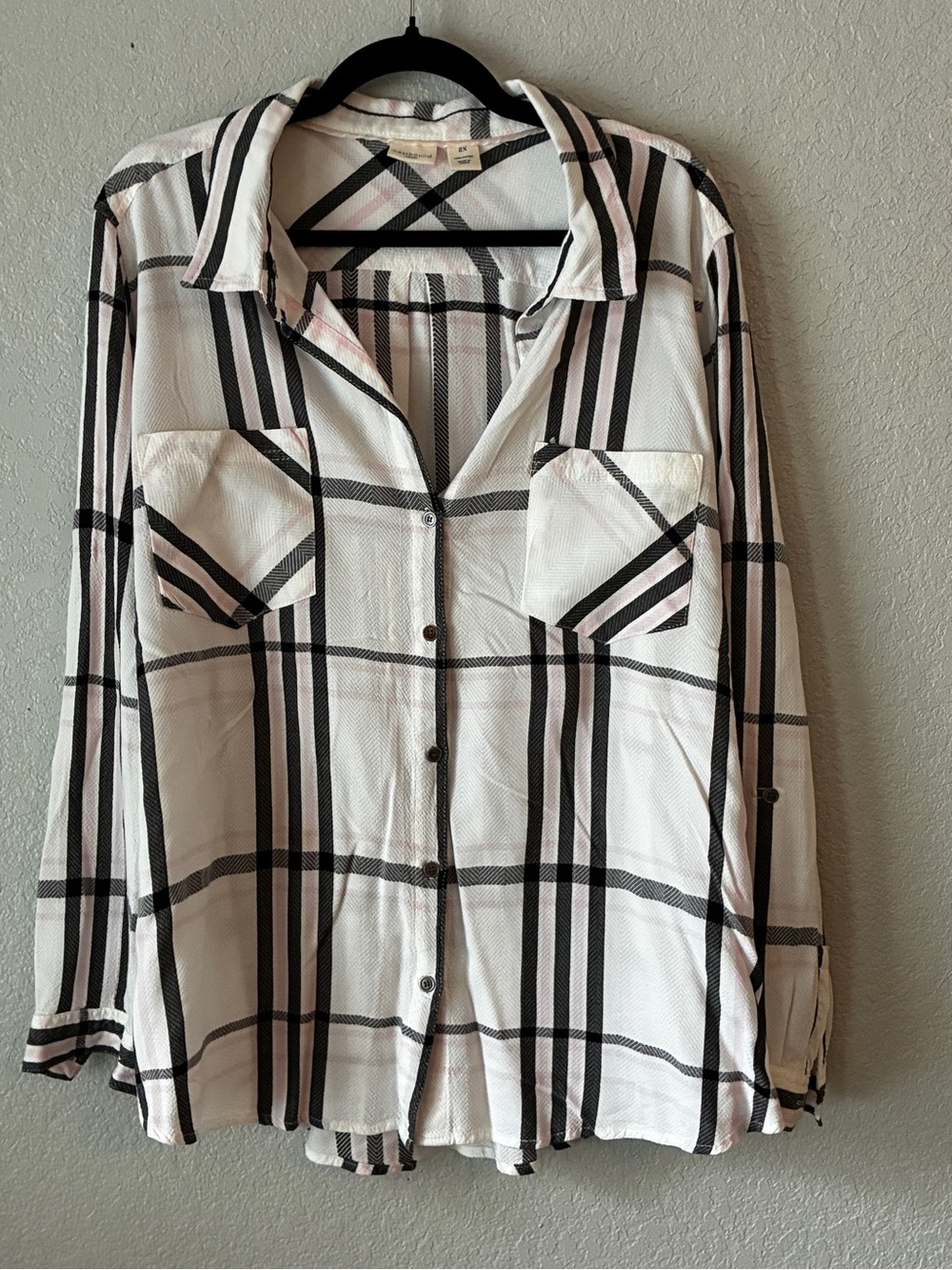 XXL Westbound White Button-Down Plaid Shirt with Black Stripes